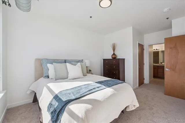 a bedroom with a bed and a closet