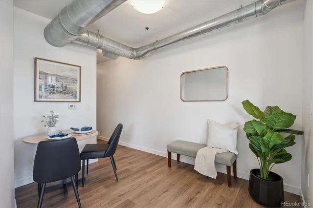 a dining room with furniture and a potted plant