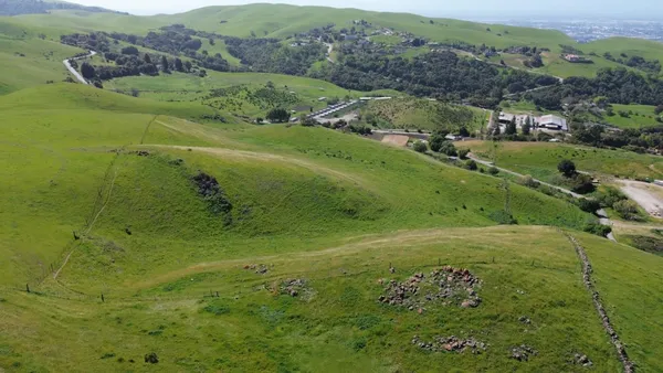 a view of a lush green hillside and houses