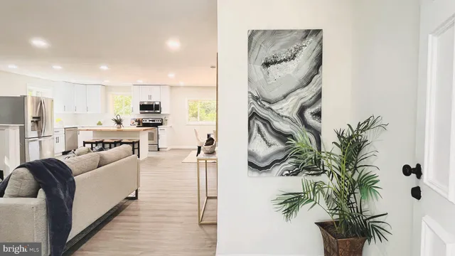 a living room with furniture and a potted plant