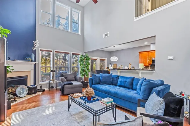 a living room with furniture a fireplace and a potted plant