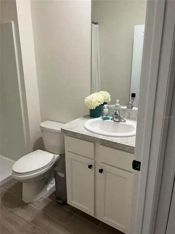 a bathroom with a sink toilet and mirror