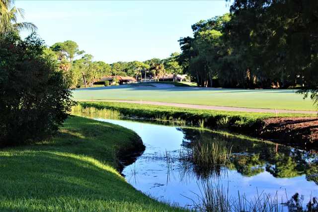 a view of a lake with a house in the background