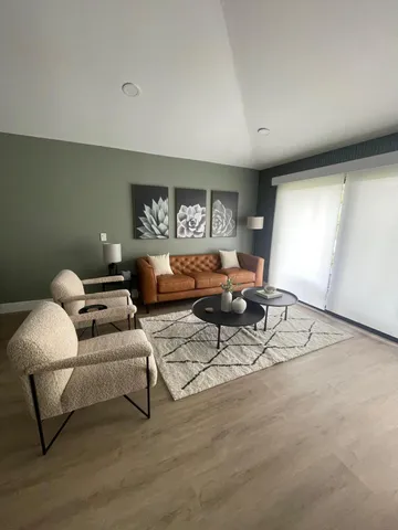 a living room with furniture a rug and a window