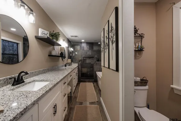 a bathroom with a granite countertop sink a toilet and a mirror