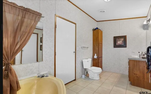 a bathroom with a tub sink toilet and mirror