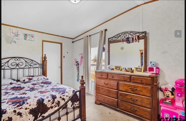 a bedroom with a bed and a dresser in it