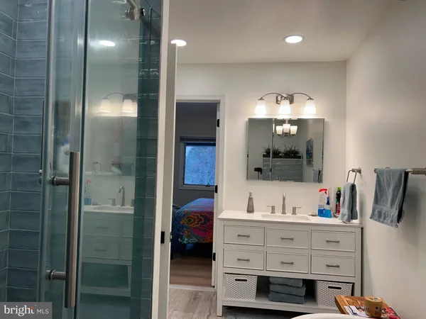 a bathroom with a shower and a sink