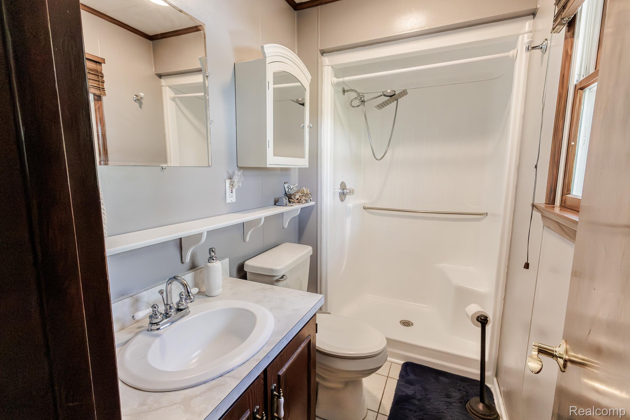 8197 Irish Road Millington, MI 48746 - Photo 22 of 38 Bathroom featuring a white vanity with an oval sink, chrome faucet, and dark wood-finish cabinetry