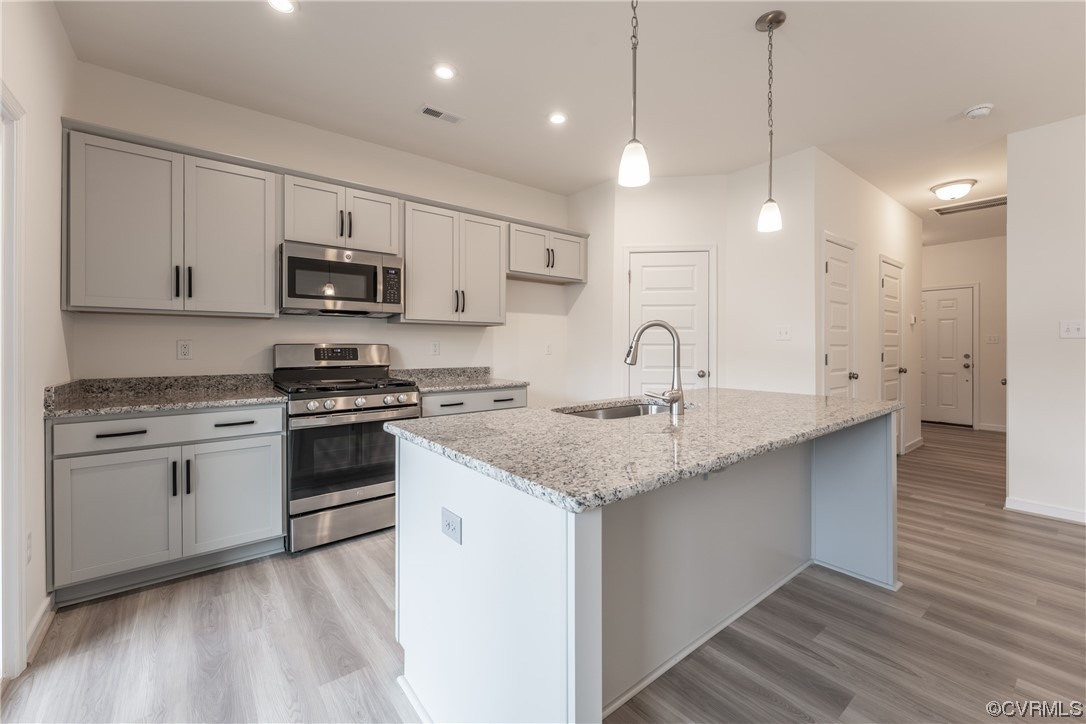 18609 Palisades Ridge Moseley, VA 23120 - Photo 6 of 50 a kitchen with stainless steel appliances a sink a stove a microwave a center island and cabinets