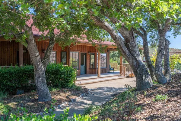 a front view of a house with a tree