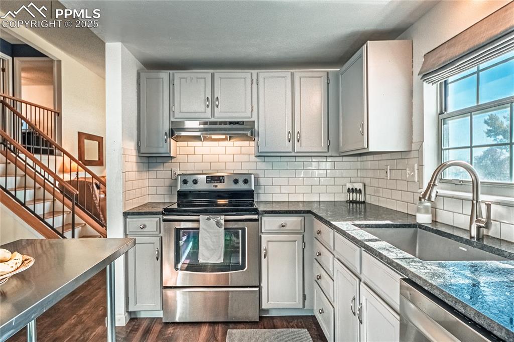 422 Saddlemountain Road Colorado Springs, CO 80919 - Photo 8 of 30 a kitchen with stainless steel appliances granite countertop a stove and a sink