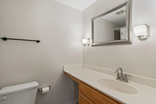 a bathroom with a sink vanity and toilet