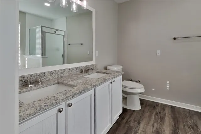 a bathroom with a granite countertop sink a toilet and a mirror