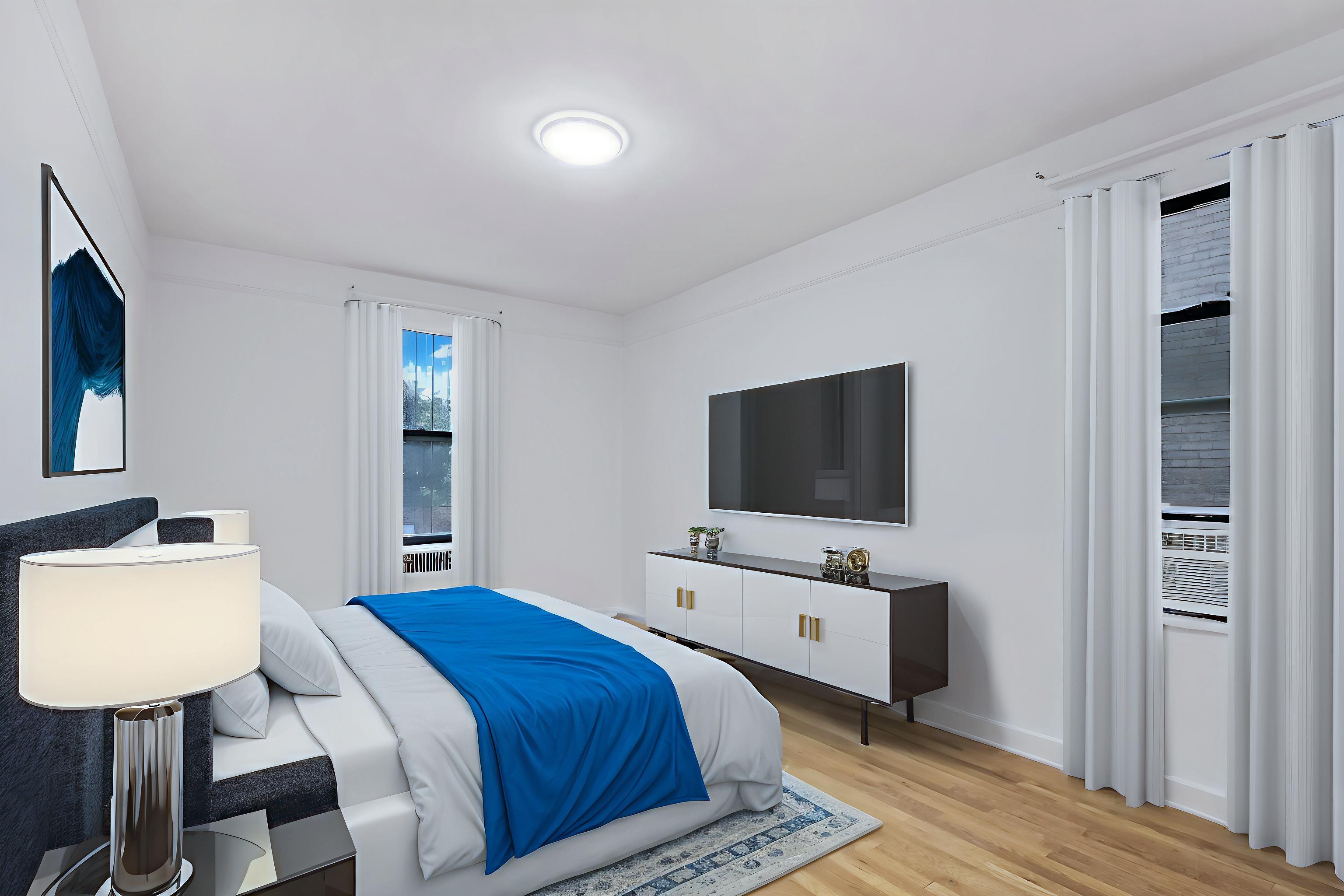 1 West 126th Street, Unit 1C Manhattan, NY 10027 - Photo 6 of 11 a bedroom with a bed and flat screen tv