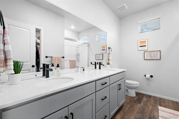 a bathroom with a double vanity sink toilet and a mirror