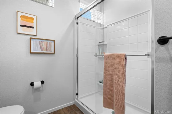 a bathroom with a shower and a toilet