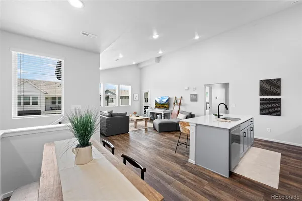 a living room with furniture kitchen view and a potted plant