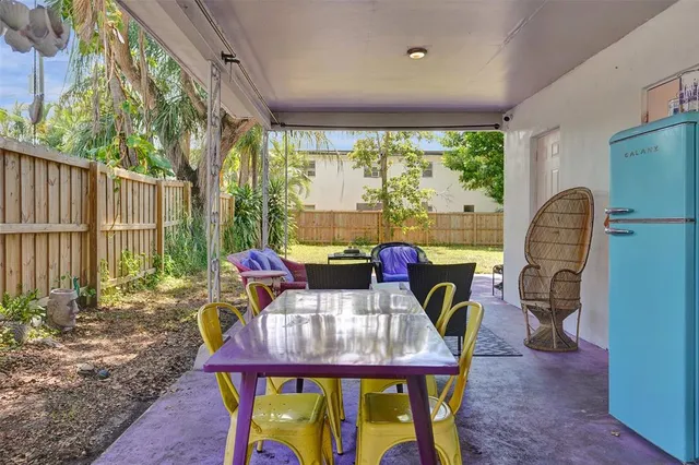 a view of a dining room with furniture window and outside view