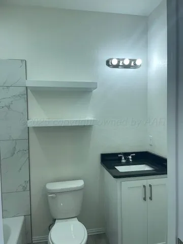 a bathroom with a toilet a sink and vanity