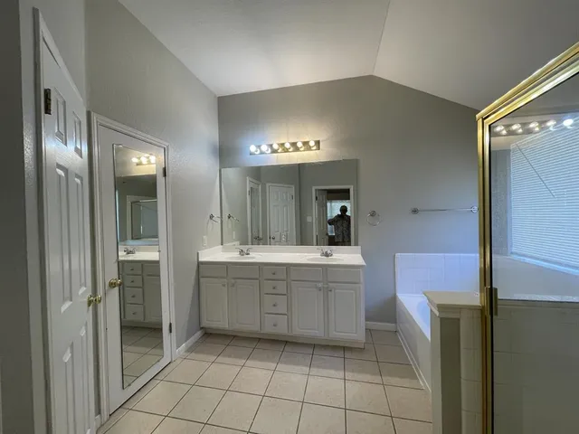 a bathroom with a sink a mirror and a bathtub