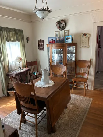 a view of a dining room with furniture