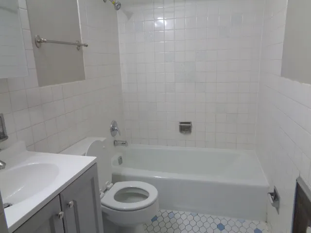 a bath room with a sink a toilet and a tub