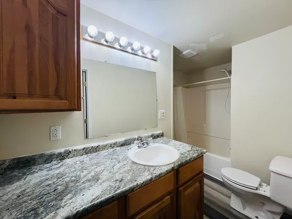 a bathroom with a granite countertop sink a toilet and mirror