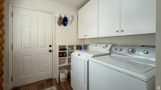 143 East Chestnut Street Helper, UT 84526 - Photo 33 of 35 Laundry room featuring cabinet space, dark wood-style floors, and independent washer and dryer