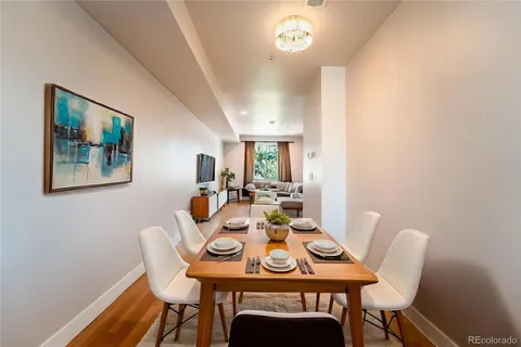 a view of a dining room with furniture and wooden floor