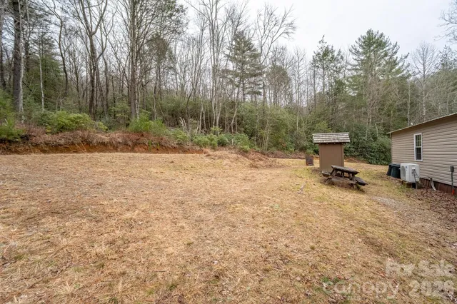 a backyard of a house with large trees and covered with snow