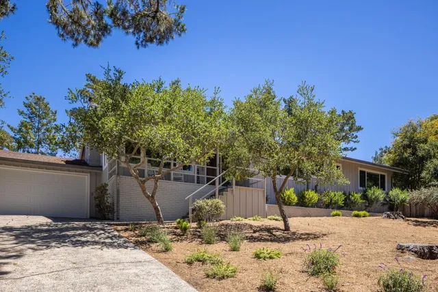 a front view of a house with a yard and potted plants