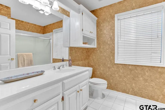 a bathroom with a sink a toilet and a mirror