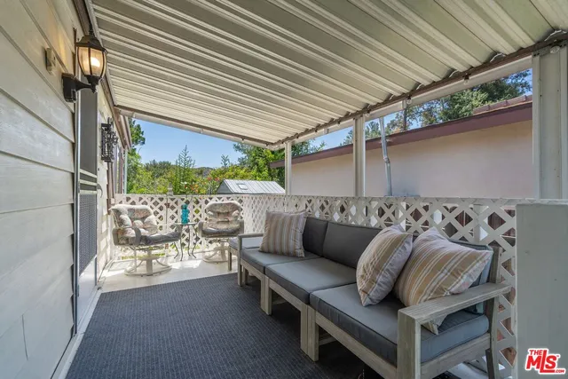 a view of a patio with couches and a potted plant on a table