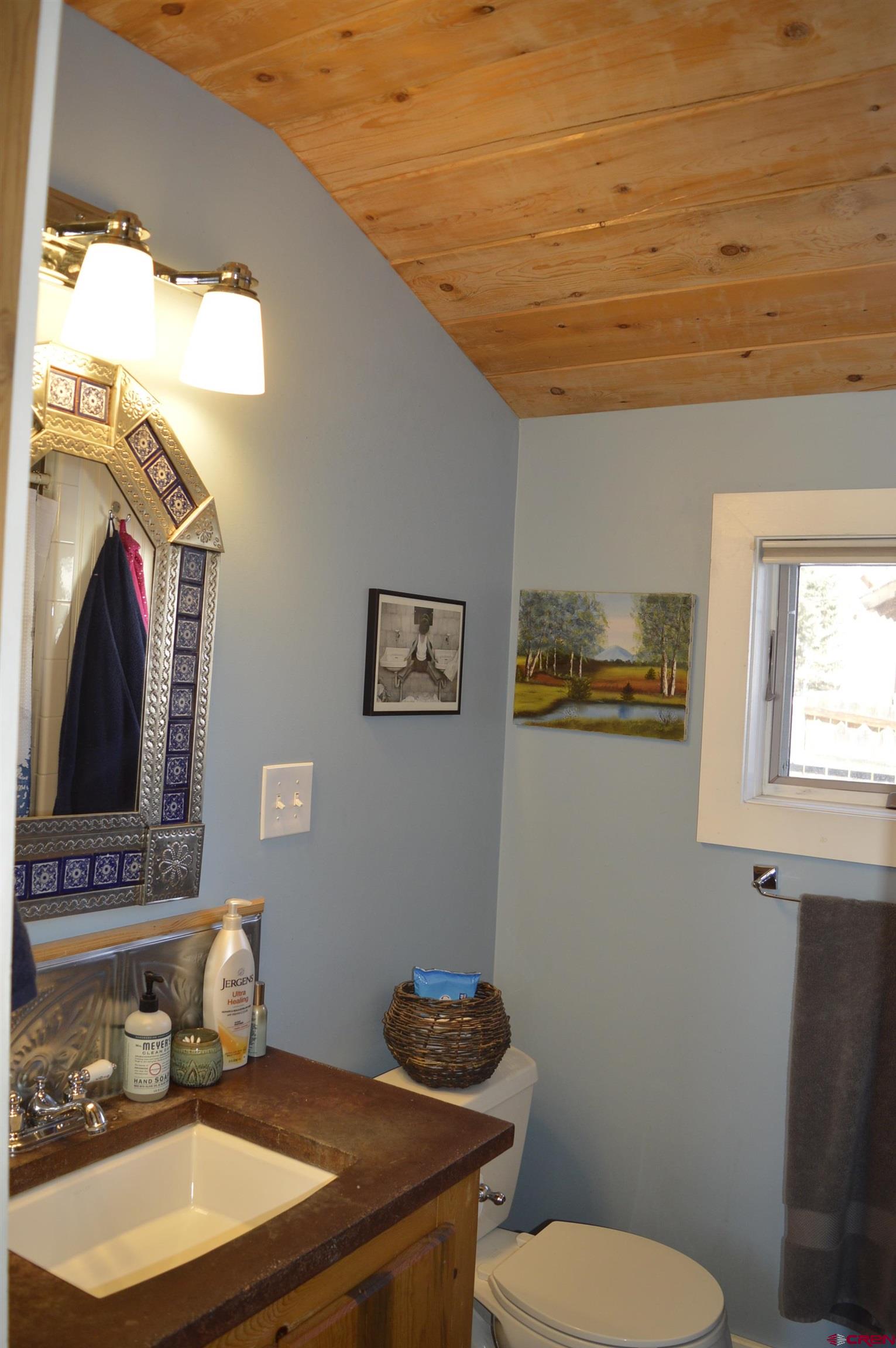 1505 Cement Street Silverton, CO 81433 - Photo 18 of 21 a bathroom with a toilet a sink and mirror