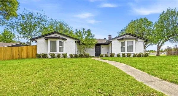 a view of a yard in front of a house with plants and large tree