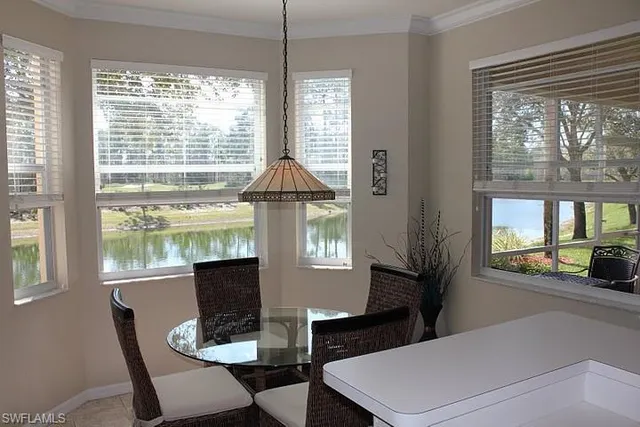 a view of a dining room with furniture window and outside view