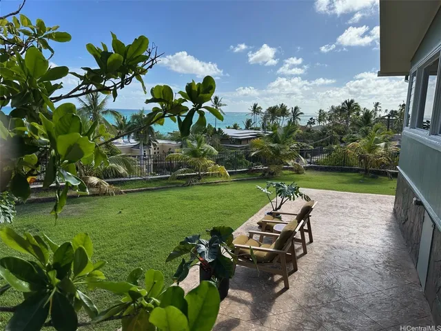 a view of a garden with a slide