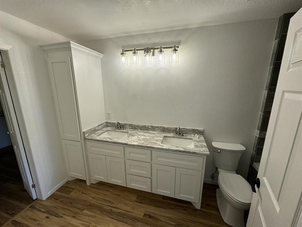 520 County Road Powderly, TX 75473 - Photo 22 of 24 Bathroom featuring hardwood / wood-style floors, vanity, a textured ceiling, and toilet