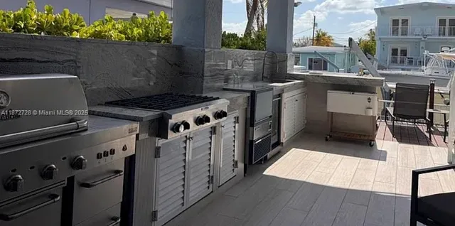 a kitchen with a stove and a microwave