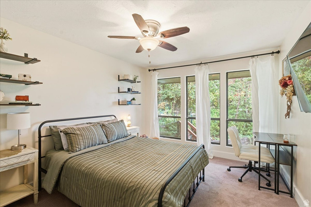 1334 Ridgewood Lane Bountiful, UT 84010 - Photo 22 of 38 Multiple large windows with exterior foliage, ceiling fan with integrated lighting, and wall-mounted shelving