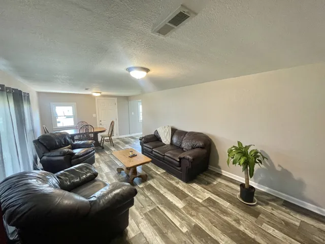 a living room with furniture potted plant and a window