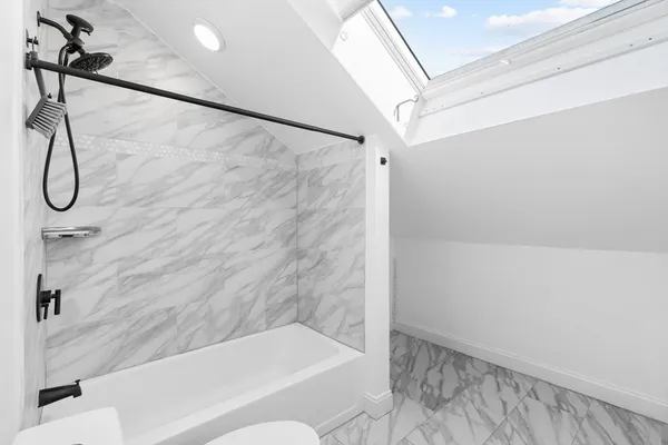 a bathroom with a bathtub