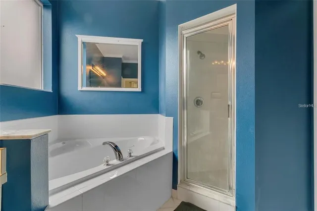 a bathroom with a tub and shower