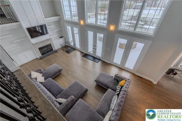 a view of a town with barn house