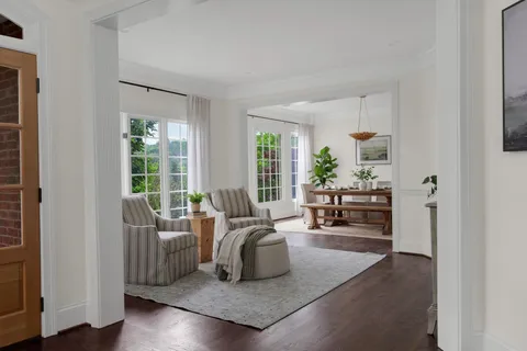 a living room with furniture and a potted plant