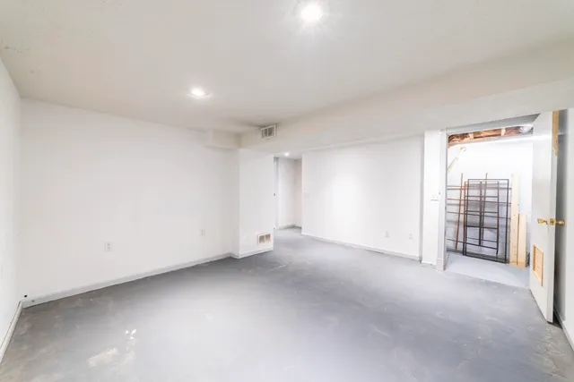 a view of a backyard with plants and large trees