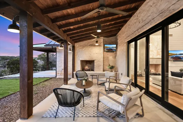 a front view of a house with a patio