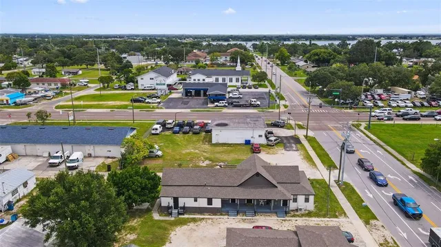 a view of a city with lawn chairs