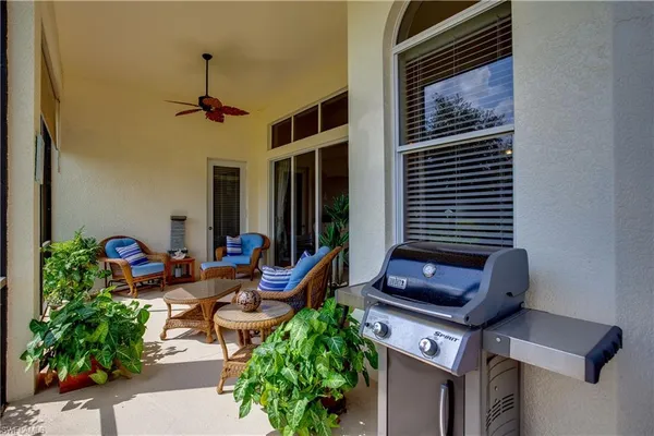 a garden view with a seating space